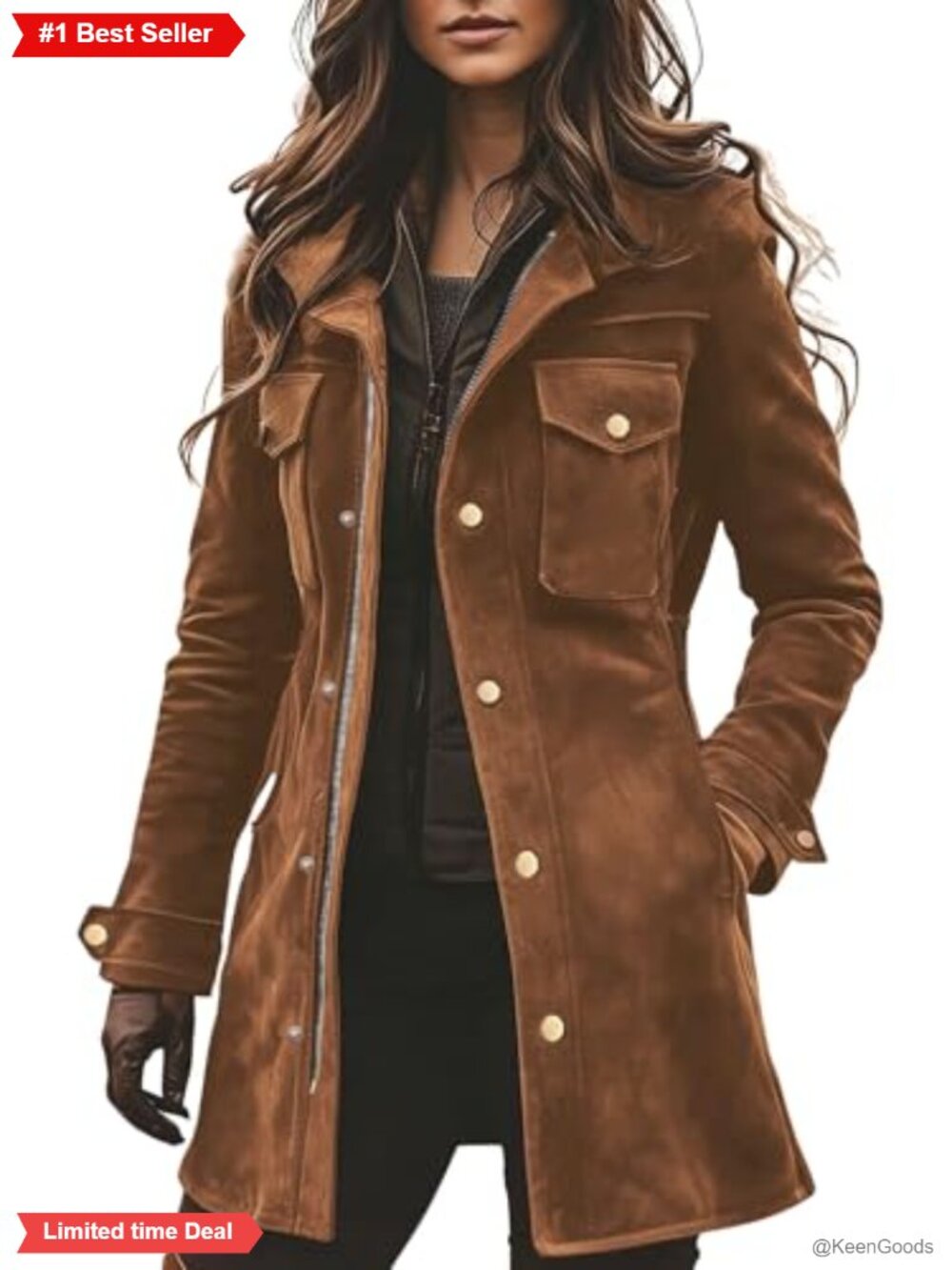 Faux Suede Midi Shacket Zip Up Utility Jacket Slim Fit